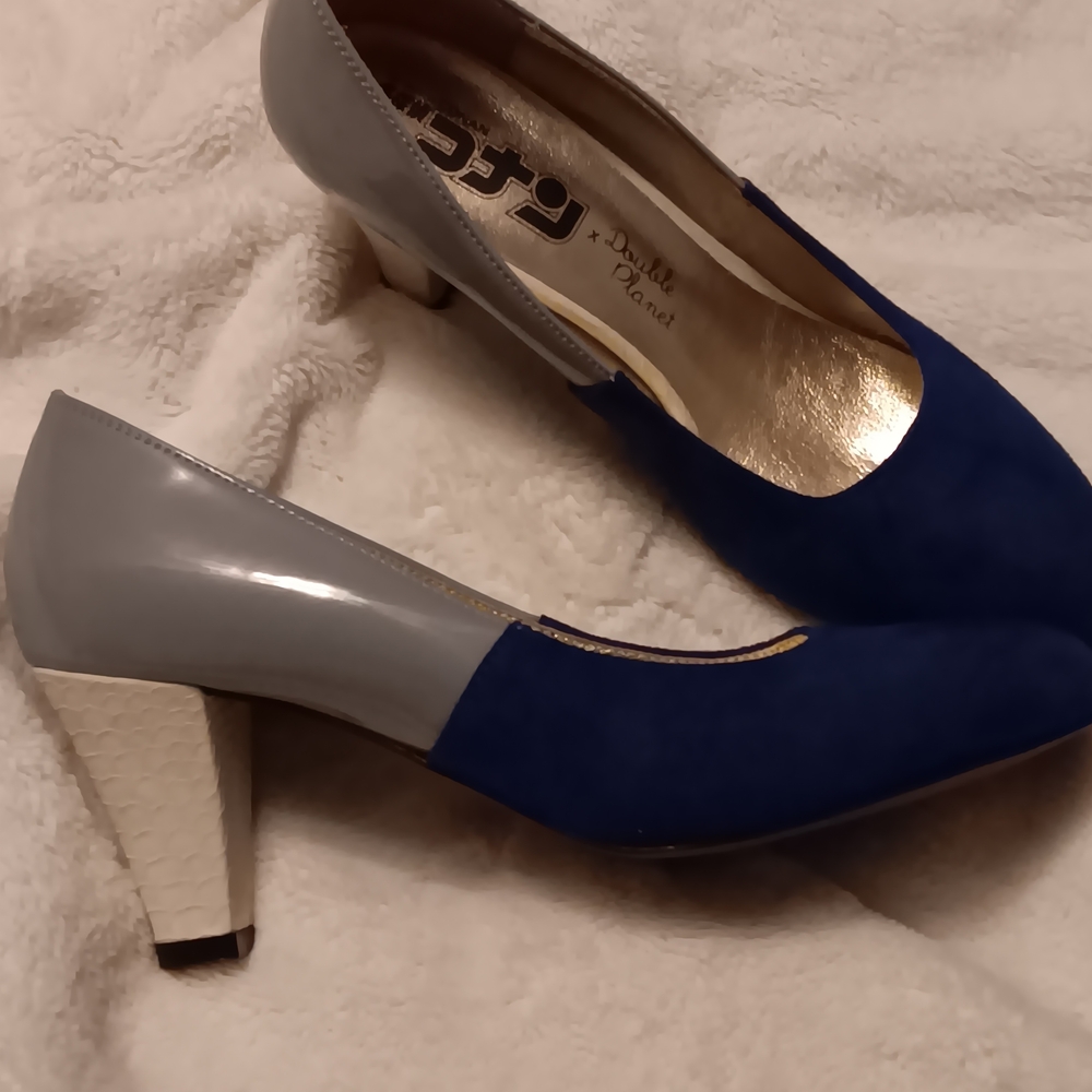 Royal Blue suede  and Gray And White ,   3 Tone Women's Heels